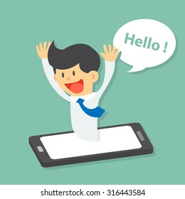 Funny businessman surprise by appear from smartphone and say hello, video conference , mobile phone application flat design vector