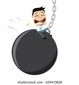 funny businessman swinging on a wrecking ball