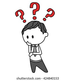 Funny businessman thinking with question marks