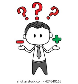 Funny businessman thinking with question marks