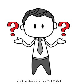 Funny businessman thinking with question marks