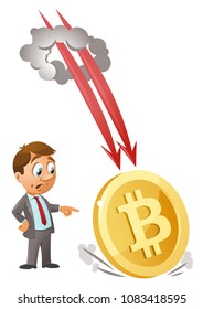 Funny businessman watches as bitcoin falls down. Cartoon styled vector illustration. Elements is grouped. On white background.