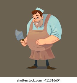 funny butcher, cartoon character, vector illustration, isolated background
