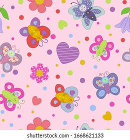 Funny butterflies and flowers on a pink seamless background
