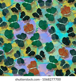Funny butterflies on a complex multicolor background in vector.