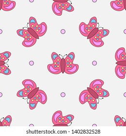 Funny butterflies and polka dots. Cute seamless pattern for kids. Vector illustration.
