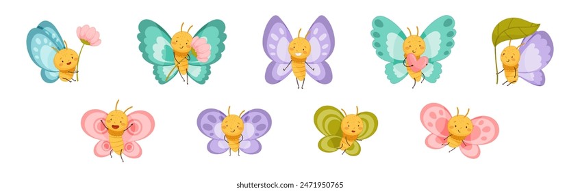 Funny Butterfly Character Flying with Wing and Smiling Face Vector Set