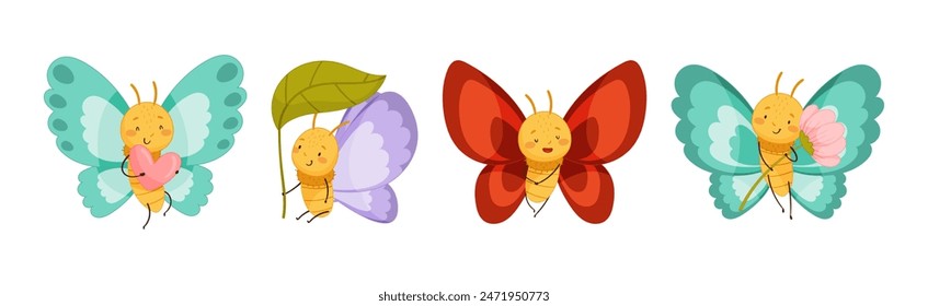 Personaje divertido de la mariposa que vuela con el ala y la cara sonriente Vector conjunto