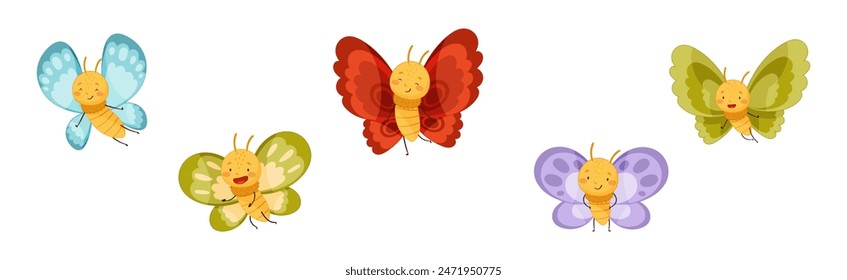 Funny Butterfly Character Flying with Wing and Smiling Face Vector Set