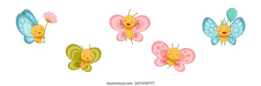 Funny Butterfly Character Flying with Wing and Smiling Face Vector Set