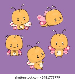 Divertida colección de personajes de mariposa. Aislado lindo insecto de dibujos animados kawaii. Ilustración vectorial. Colección infantil