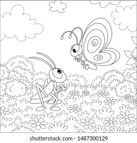 Funny butterfly and a grasshopper friendly talking among wildflowers on a field on a pretty summer day, black and white vector illustration in a cartoon style