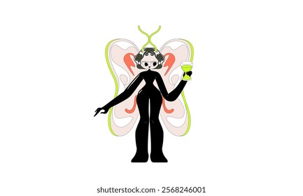 A funny butterfly is holding a glass of beer. Cute happy smiling animal character drinking alcoholic drink. Comic vector flat illustration isolated on white background.