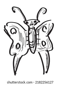 Gracioso insecto de mariposa, (pequeño animal volador), que es dibujado a mano (estilo doodle) dibujo vectorial.
