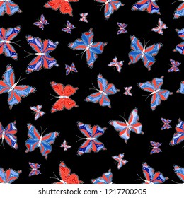 Funny butterfly pattern for textile and fabric. Creative vector background with butterfly, wings, neon color. Fashion style. Abstract seamless butterfly pattern for girls, boys, clothes, wallpaper.