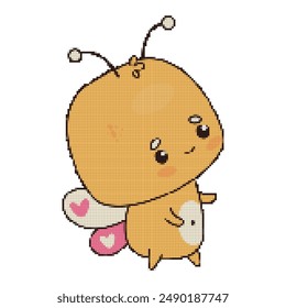 Divertido arte de la mariposa pixel. Lindo personaje de insecto pixelado. Ilustración de bloque de Vector
