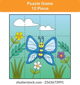 Funny butterfly. Puzzle games for kids. 12 piece. Child education. Vector illustration