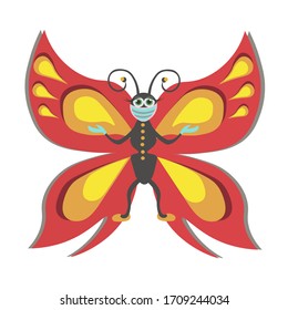 Graciosa ilustración vectorial de mariposa. Un insecto de dibujos animados en una máscara médica y guantes. Concepto de procedimientos de prevención y seguridad contra las enfermedades infecciosas, el coronavirus, el virus, la gripe. Diseño para niños