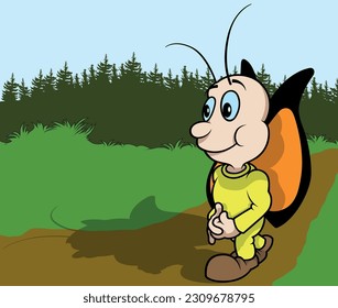 Funny Butterfly in Yellow Clothes with Orange Wings on a Walk - Colored Cartoon Illustration with Background, Vector