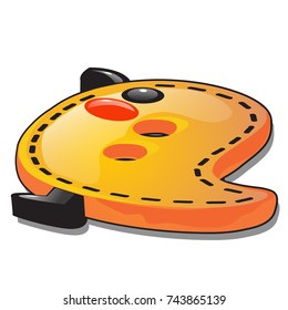 Funny button in the shape of the contour yellow chicken isolated on white background. Vector cartoon close-up illustration.