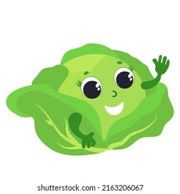 Funny cabbage with face, eyes, hands is happy and smiling. Cartoon style character design for icons or baby products or kitchen design.