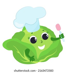 A funny cabbage with a face, eyes, hands is happy and smiling dressed in a chef's hat. Cartoon style character design for icons or baby products or kitchen design.