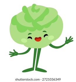Funny cabbage standing and friendly smiling. Flat vector illustration isolated on white background. Cute vegetable character for kids games or food projects.