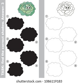 Funny Cabbage Vegetable to find the correct shadow, the matching educational kid game to compare and connect objects and their true shadows, simple gaming level for preschool kids.