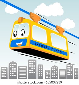 A funny cable car crossing over the city, vector cartoon illustration