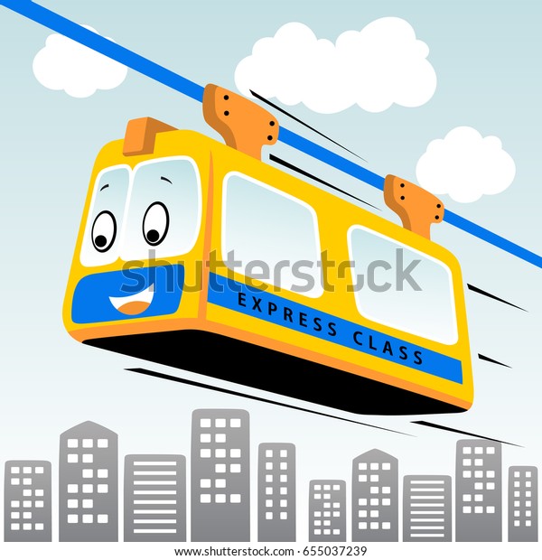 A funny cable car crossing over the city,\
vector cartoon illustration
