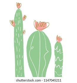 Funny cacti art. Unique stylish modern painting, light colors abstract poster, room decor. Vector Illustration, clipart.