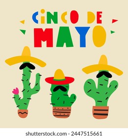 Funny cacti. Cinco de Mayo. Mexican national holiday. Flat design. Banner. Hand drawn illustration.