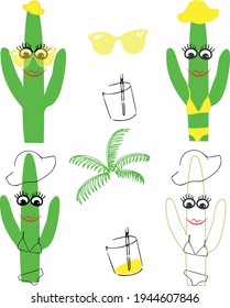 funny cacti collection. Cactus on vacation 