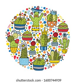  Funny cacti. Colorful postcard. Cute motif.