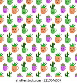 Funny cacti in decorative tea mugs. Seamless pattern. Vector illustration isolated on white background. For prints, posters, covers and brochures, clothes.