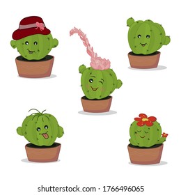 Funny cacti with emotions in flower pots. Smiling, laughing, showing tongue