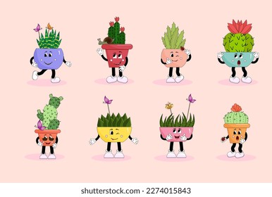 Funny cacti in flower pots. Cartoon style. Vector mascots on an isolated background. For stickers, covers and brochures, advertising flyers, invitations and postcards.