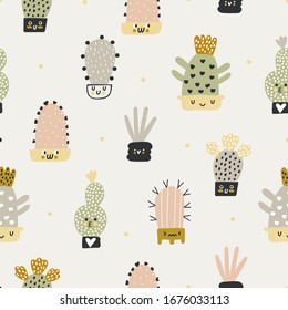 Funny cacti in flower pots. Perfect for fabric, textile. Vector background. Pastel colors.