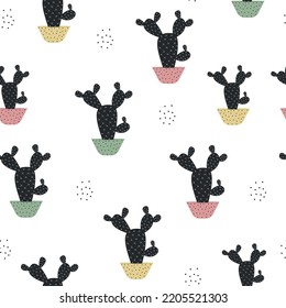 Funny cacti seamless pattern. Hand-drawn potted houseplants. Bohemian print with cactus. Creative design for fabric, packaging, scrapbooking.