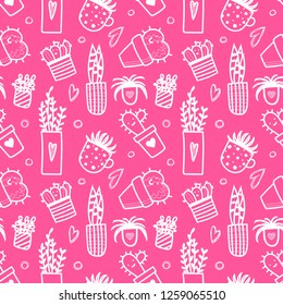 Funny Cacti and succulents in pots, on a pink background. Seamless pattern.