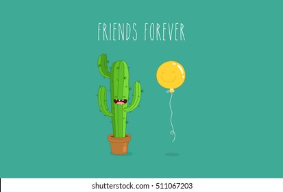 Funny cactus with air balloon. Vector illustrations. Friends forever. Use for card, poster, banner, web design and print on t-shirt. Easy to edit. Vector illustration.