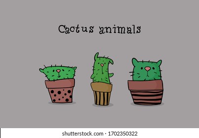 Funny cactus animals in the pots. Green funny animals.
