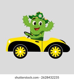 Funny cactus character in floral summer hat driving a yellow convertible car. Bright cartoon illustration in flat style with light background, vacation and travel theme