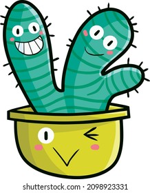 Carácter gracioso de cactus en una olla verde