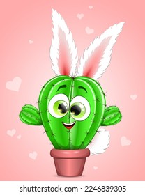 Funny cactus character in a pot, decorated with white rabbit ears and fluffy tail