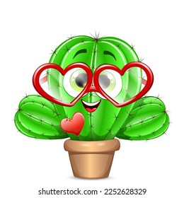 Funny cactus character in a pot with red heart-shaped glasses and a small heart stuck in the thorns