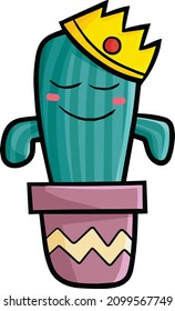 Funny cactus character in a pot wearing crown