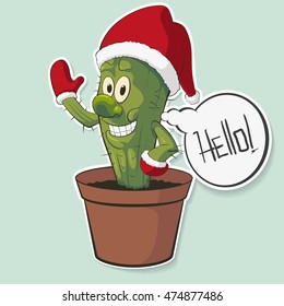 Funny Cactus Character in the pot and wearing the Santa hat with Speech Bubble