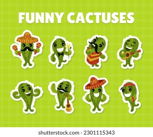 Funny Cactus Character in Sombrero Hat with Guitar Sticker Vector Set