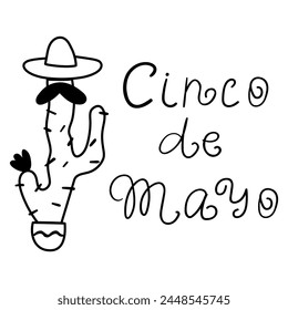 Funny cactus. Cinco de Mayo. Mexican national holiday. Vector outline illustration.